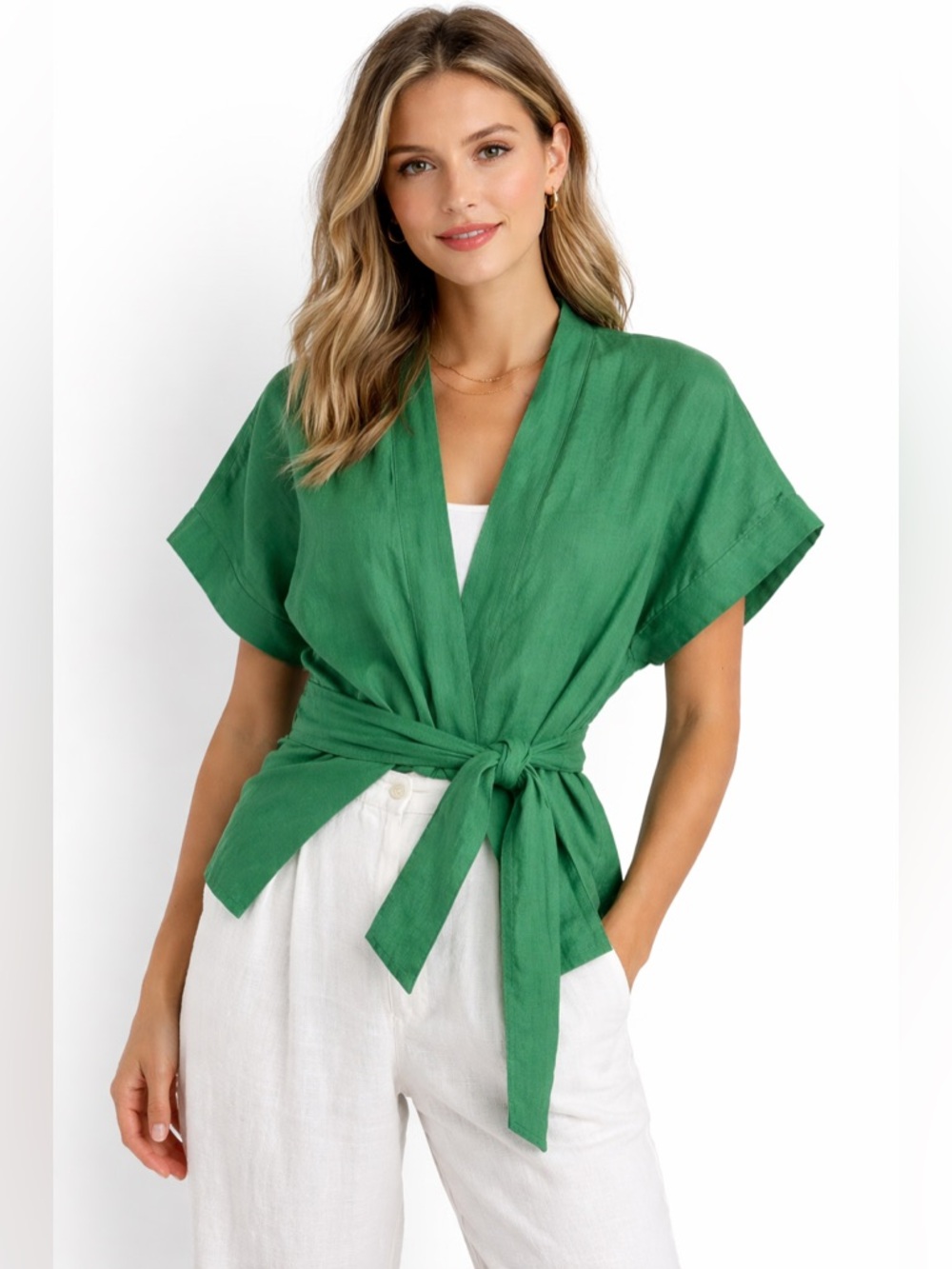 Commense Green Linen Blend Wrap Tie Waist Top Small NWT